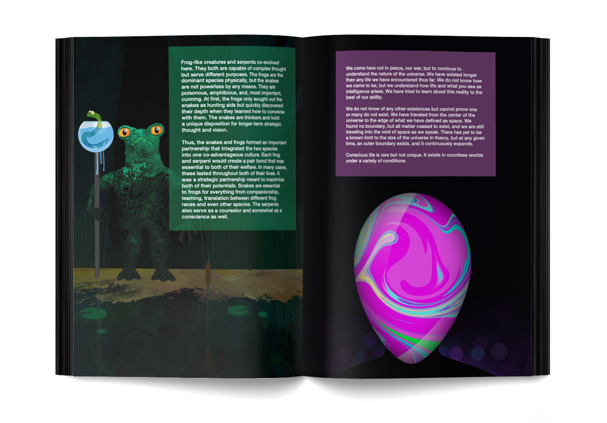 Open book with 2 pages, first is a Frog alien holding staff with a fish bowl that holds alien water snake, the second is a robotic alien with giant pulsating colorful head. 
